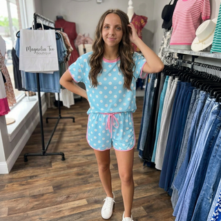 Baby Blue Polka Dot and Pink Striped Trim Short Set