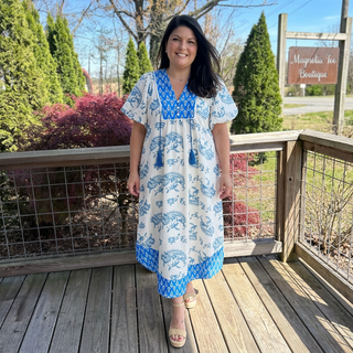 Curvy Blue Paisley Boho Print V Neck Midi Dress w/ Pockets FINAL SALE