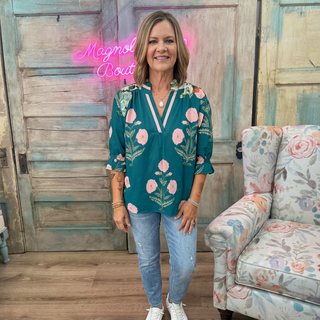 Teal Floral Print with Striped Contrast Top