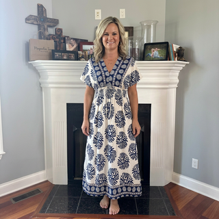 Blue Boho Floral V Neck Maxi Dress w/ Pockets