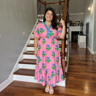 Curvy Pink Floral V Neck Ruffled Sleeve Maxi Dress w/ Pockets FINAL SALE