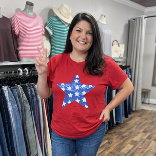 Curvy Red Sequin Star Crewneck Tee