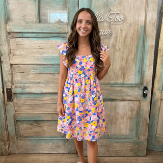 Purple Floral Flutter Sleeve Striped Trim Dress w/ Pockets FINAL SALE