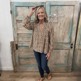Floral Print Smocking Detailed Button Down Top