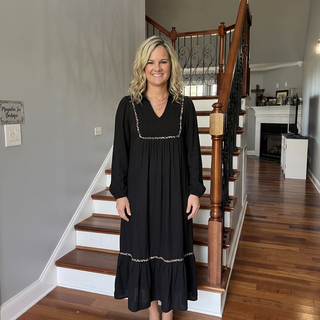 Black Smocked V-Neck Leopard Piping Maxi Dress w/ Pockets