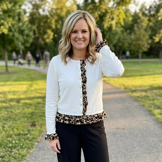 White Knit Leopard Ruffle Detail Button Down Cardigan