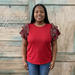 Curvy Red Plaid Ruffled Sleeve Top w/ Pearl Detail