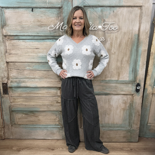 Black Mineral Wash Wide Leg Drawstring Pants