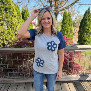 Blue Floral Patchwork Raglan Sleeve Top