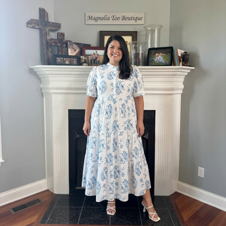 Curvy Light Blue Paisley Printed Maxi Dress w/ Pockets FINAL SALE