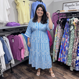 Curvy Light Blue Geometric Print Dress w/ Pockets Final Sale