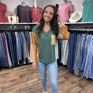 Green/Mustard Exposed Seam Colorblock Top
