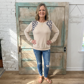 Beige Round Neck Long Sleeve Top w/ Leopard Detail