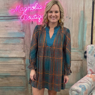 Teal Mix Plaid Tiered Babydoll Dress w/ Pockets