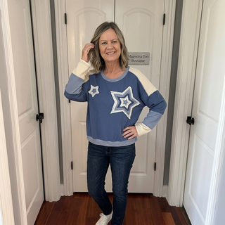 Blue Star Patchwork Colorblock Knitted Top