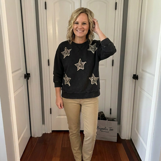 Black 3/4 Sleeve Washed Top w/ Leopard Star Patch Detail