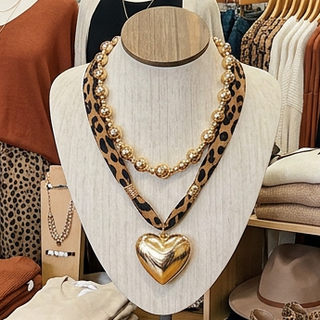2 Piece Mixed Bead and Leopard Heart Charm Scarf Necklace