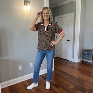 Leopard Jacquard Striped Half-Zip Short Sleeve Top