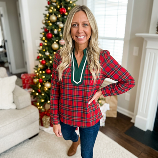 Red Plaid Top with Contrast V-Neck