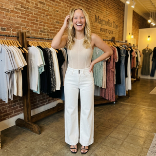 White High Waist Wide Leg Jeans w/ Double Button