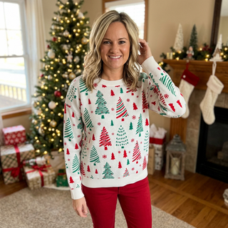 Ivory Jacquard Christmas Tree Crew Neck Sweater