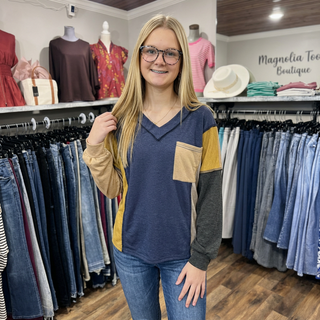 Blue/Mustard Exposed Seam Colorblock Top