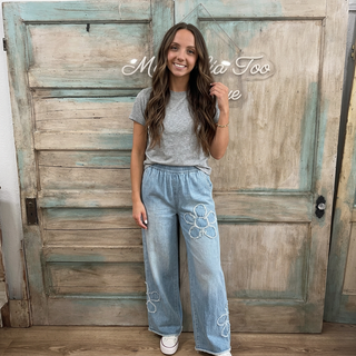 Denim Floral Patch Wide Leg Raw Hem Pants