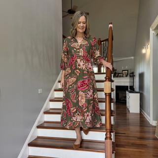 Olive Boho Paisley Tiered Midi Dress