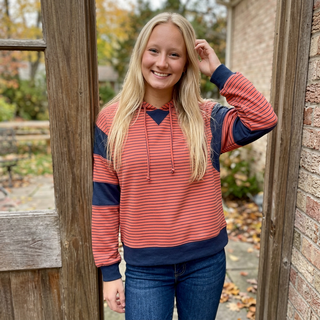 Rust/Indigo Colorblock Striped Hoodie