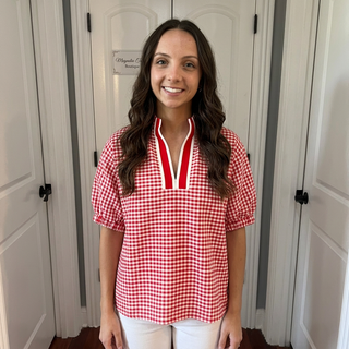 Red Plaid Short Sleeve Top w/ Trim Split Neck Detail