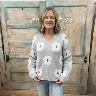Grey V-Neck Flower Print Sweater