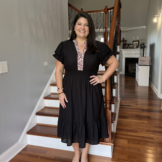 Curvy Black Smocked Waist Dress w/ Leopard V-Neck