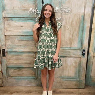 Olive Print Collared Swing Dress w/ Pockets