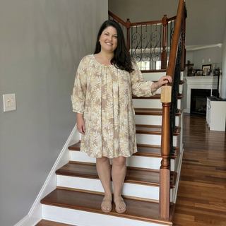 Curvy 3/4 Sleeve Golden Hour Palm Leaf Printed Linen Dress
