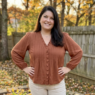 CURVY TERRACOTTA 3/4 SLEEVE RUFFLE TRIM PINTUCK DETAIL BLOUSE