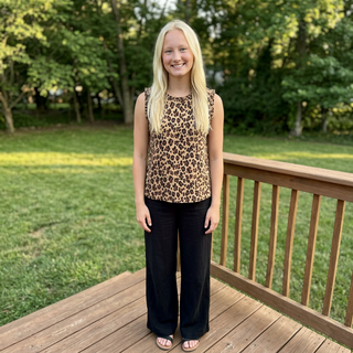 Smocking Edge Detail Leopard Faux Suede Sleeveless Top
