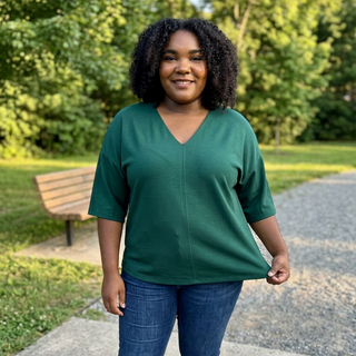 Curvy Hunter Green Drop Shoulder 3/4 Sleeve Solid V Neck Top