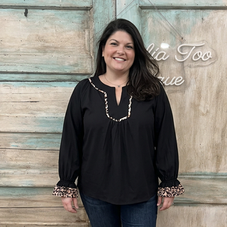 Curvy Black Split Neck Leopard Trim Top