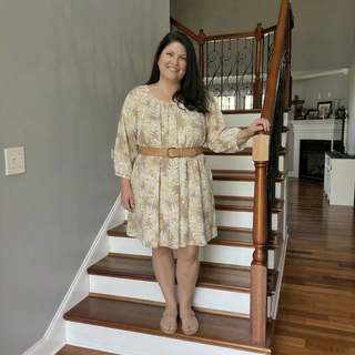 Curvy 3/4 Sleeve Golden Hour Palm Leaf Printed Linen Dress