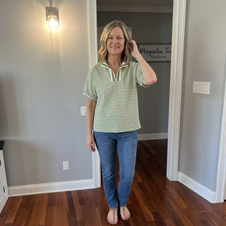 Green Plaid Short Sleeve Top w/ Trim Split Neck Detail