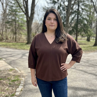Curvy Brown Drop Shoulder 3/4 Sleeve Solid V Neck Top