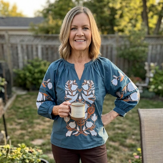Teal Notched V-neck Top with Embroidered Baroque Floral Applique