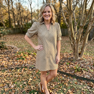 Taupe Short Puff Sleeves Navy Polka Dot Dress with Side Pockets