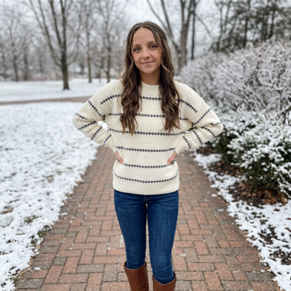 Ivory/Grey Striped Crewneck Textured Sweater