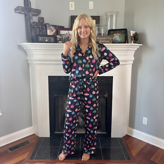 Navy Christmas Themed Button Down Top and Pajama Pant Set