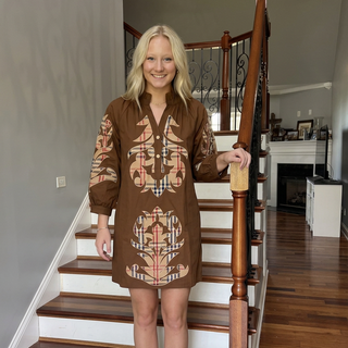 3/4 Sleeve Checkered Pattern Baroque Applique Dress w/ Pockets