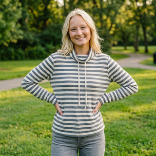 Heather Grey Drawstring Funnel Neck Hacci Striped Top