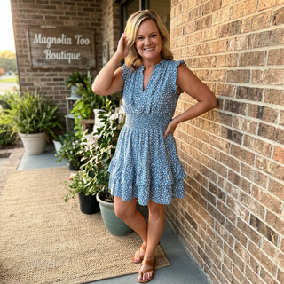 Dusty Teal Split Neck Dress w/ Smocked Waist FINAL SALE