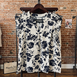 Navy V-Neck Ruffle Sleeve Top FINAL SALE
