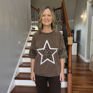 Coffee Mineral Wash Top w/ Leopard Star Patch